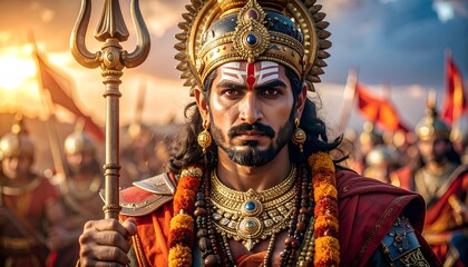 Powerful Warrior King Portrait Under Dramatic Lighting, Close Up Portrait of Indian Lord Kartikeya