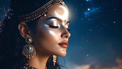 Woman With Moon Ornament In Starry Night Portrait, Close Up Portrait of Indian Lord Soma