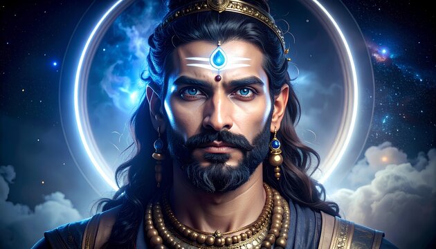 Portrait Of A Majestic Deity With Glowing Aura And Cosmic Background, Close Up Portrait of Indian Lord Shani Dev
