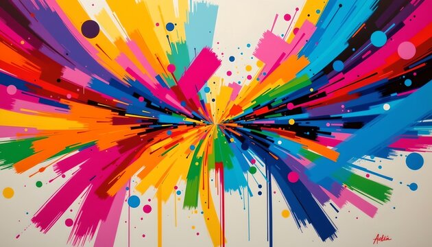 an abstract art piece characterized by bright colors in shades of red, blue, yellow, orange, green, purple, and black