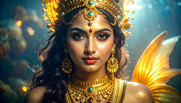 Portrait Of A Woman In A Golden Aquatic Goddess Costume, Close Up Portrait of Indian Lord Matsya