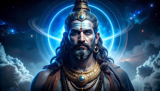 Majestic Deity Portrait With Cosmic Background, Close Up Portrait of Indian Lord Shani Dev