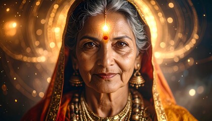 Portrait Of An Elderly Woman In Traditional Garb With Gold Jewelry And Warm Lighting, Close Up Portrait of Indian Lord Sage Atri Rishi