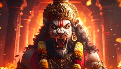Powerful Deity With Animal Head In Religious Setting, Close Up Portrait of Indian Lord Narasimha