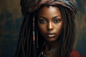 Obraz premium Studio portrait of a beautiful young black woman with dreadlocks, wearing a headscarf and ethnic jewelry
