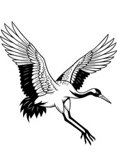 Obraz premium Elegant Japanese Crane Bird Flying Illustration - Traditional Black and White Hand-Drawn Vector Art of a Majestic Oriental Avian Design