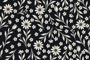 Elegant cream floral silhouettes on a deep black background. Perfect for vintage wallpaper, fabric patterns, or modern botanical-themed design projects.