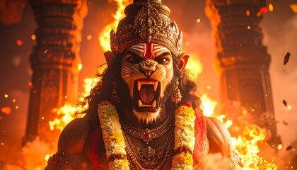 Powerful Mythological Lion Like Deity Roaring In Fiery Temple, Close Up Portrait of Indian Lord Narasimha