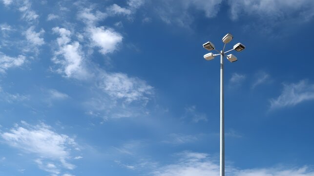 Minimalist urban street lamp pole against clear blue sky with white clouds, modern cityscape photography - Powered by Adobe