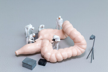 Tiny figures in hazmat suits examine a model of the human intestine