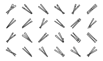 Naklejka premium Kitchen Tools and Utensils Line Icon Set – Outline Illustrations of Butter Dish, Chopsticks, Cooking Pot, Cutlery, Frying Pan, Plate, Rolling Pin, Salt Shaker, and Kitchenware Essentials