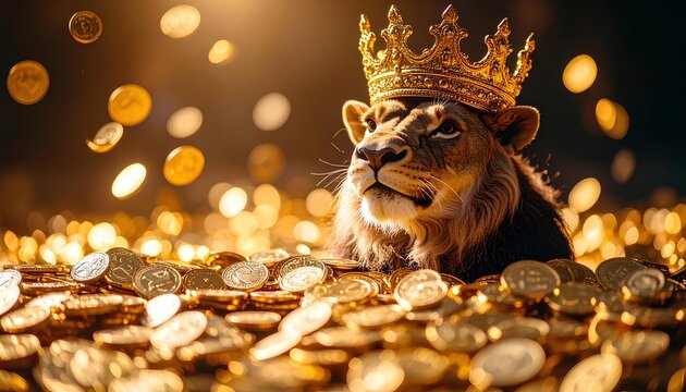Majestic Lion Wearing A Golden Crown Amidst A Heap Of Gold Coins, Close Up Portrait of Indian Lord Kubera