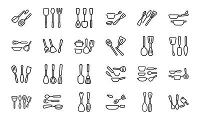 Kitchen Tools and Utensils Line Icon Set – Outline Illustrations of Butter Dish, Chopsticks, Cooking Pot, Cutlery, Frying Pan, Plate, Rolling Pin, Salt Shaker, and Kitchenware Essentials