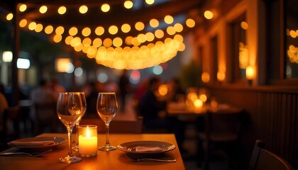 A bustling restaurant scene at night, with strings of fairy lights blurred into bokeh balls. The foreground features a partially visible table setting with wine glasses and flickering candles, creatin