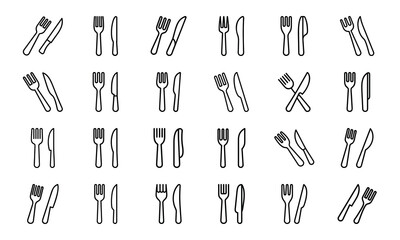 Kitchen Tools and Utensils Line Icon Set &ndash; Outline Illustrations of Butter Dish, Chopsticks, Cooking Pot, Cutlery, Frying Pan, Plate, Rolling Pin, Salt Shaker, and Kitchenware Essentials