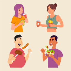 People enjoying various foods and drinks like coffee salad burger fries sausage and steak in casual lifestyle healthy and unhealthy eating concept flat cartoon style illustration