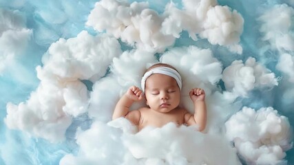A peaceful scene featuring a newborn baby surrounded by clouds, symbolizing innocence and new beginnings. The captures the serene beauty of a sleeping infant, evoking feelings of love and tranquility.