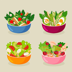 Colorful salad bowls with fresh vegetables fruits eggs and greens healthy food for diet and nutrition vegetarian meal concept flat cartoon style illustration