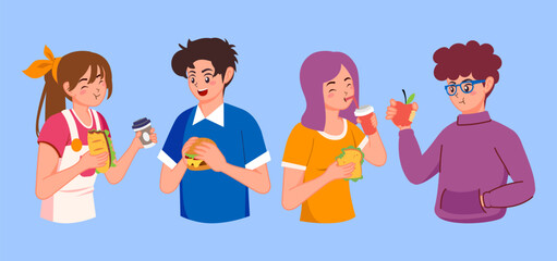 Group of people eating and drinking various foods like sandwich burger apple and coffee with happy expressions healthy lifestyle concept flat cartoon style illustration