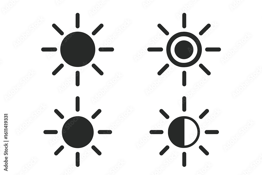 Poster brightness contrast adjustment icon set. sun symbol for ui ux design. light dark mode toggle. vector