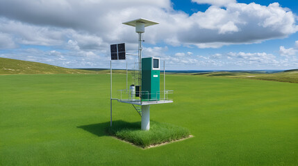 Meteorological station with rain gauge collectors and weather sensors installed on a grassy field