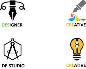 Creative Design Studio and Innovation Icons Set - Pen Tool, Paintbrush, Compass, Lightbulb, Artist, Architect, Engineering, Idea, Concept, Graphic Design, Drawing, Art, Vector Illustration