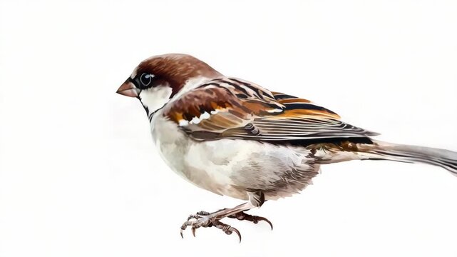 Detailed bird  of a small finch with brown plumage, white chest, striped wings, and red eyes.