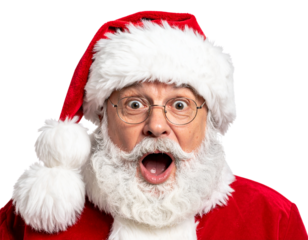 Santa Face with Surprised Expression and Raised Eyebrows, isolated on a transparent background.