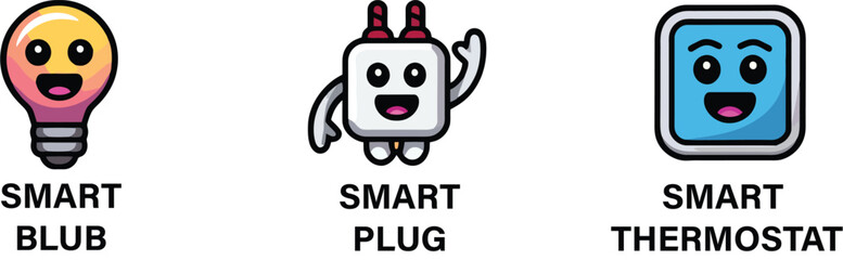 Adorable Smart Home Devices - Smart Bulb, Plug, and Thermostat Icons for Modern Living, IoT, and Home Automation Technology