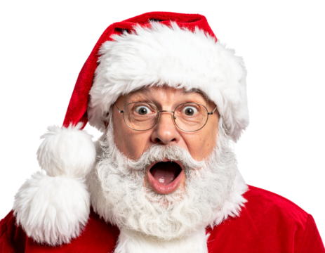 Santa Face with Surprised Expression and Raised Eyebrows, isolated on a transparent background.