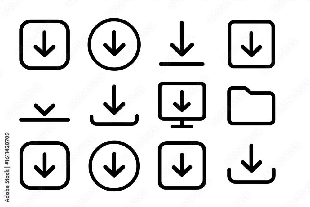 Poster download icon pack with arrow symbols. simple line art vector set for ui and ux design. web and app 