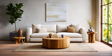 A calm and stylish living room featuring a beige sofa, wooden coffee table, jute rug, and natural decor elements, creating a tranquil atmosphere.