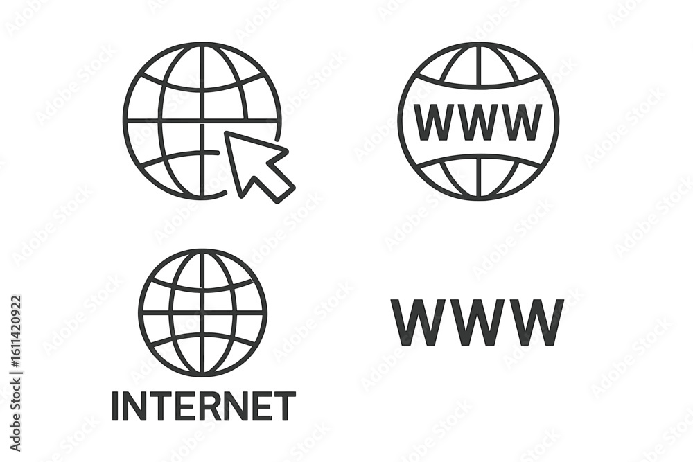 Poster internet web icons set. go to website link symbol with globe and mouse cursor. www global network co