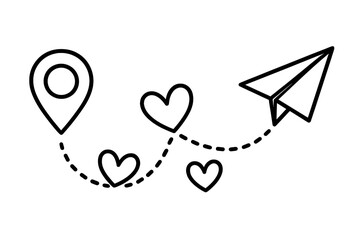 Paper airplane love route. Romantic trip flight path with heart shape dotted line. Geolocation map pin icon showing destination. Honeymoon journey vector illustration.