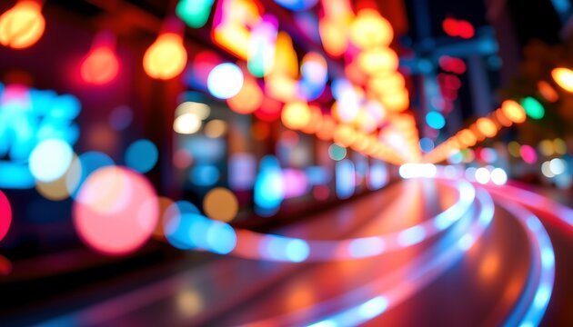 an urban night scene with neon lights and traffic blurring as if in motion, creating a sense of speed and energy