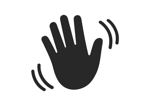 Waving hand gesture icon for greeting or goodbye. Simple flat vector sign of a human palm waving hello. Black silhouette symbol with motion lines. Isolated graphic element.