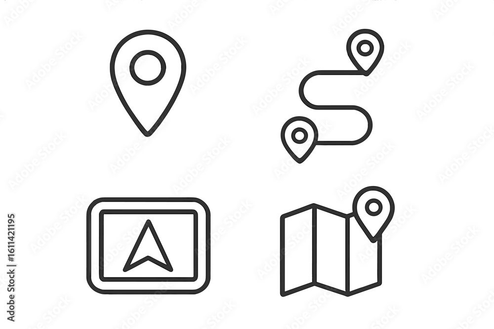 Poster navigation and location line icons set. gps pin, map pointer, journey route, destination. vector thi