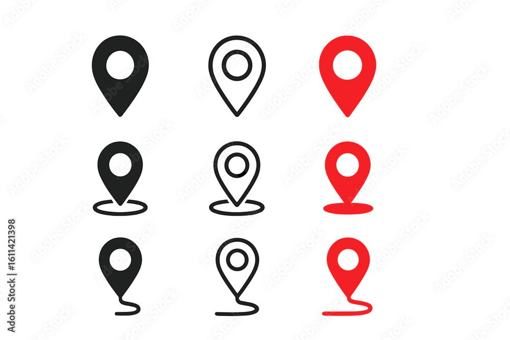 Poster map location pin icon set. gps pointer and destination marker symbols for navigation. flat vector gr