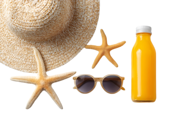 Summer Essentials Straw Hat Starfish Sunglasses and Orange Juice Bottle.