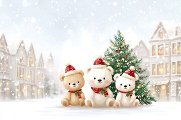 three fun toys white bear in funny new year caps background with whirlwind minimalism white snowflakes, blurry garland with glare, uniqueness
