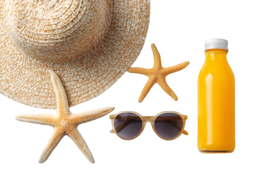 Summer Essentials Straw Hat Starfish Sunglasses and Orange Juice Bottle.