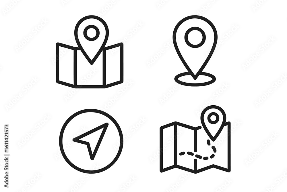 Poster navigation and location vector icon set. gps pointer, map marker, destination route, and travel dire