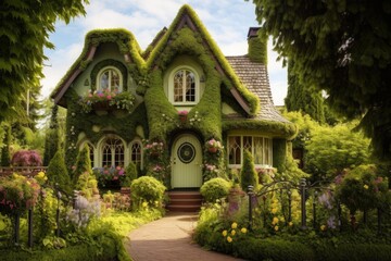 Fototapeta premium Beautiful house covered by green ivy and surrounded by colorful flowers in a well maintained garden