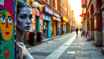 Obraz premium a young woman standing in an urban street setting during sunset. she is leaning casually against a colorful wall adorned with a graffiti portrait of a person's face