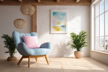 Commercial design, current interior style, unique living room view with fantasy decor, natural materials,  art magazine advertisement for room sale, art original armchair and sofa
