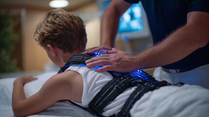 Close-up of hands gently adjusting positioning straps on young cancer patientâs shoulders, advanced radiation therapy device encircles treatment bed, soft clinical light bathes sce