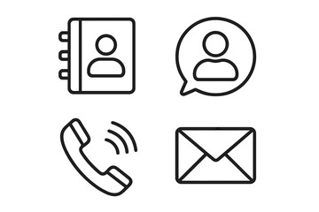 Contact us vector icon set. Thin line art symbols for business communication. Includes address book, telephone call, email, chat message. For website and app interface.