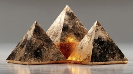 Ancient Gold and Marble Pyramids Set on Reflective Surface