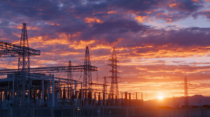 Dawn breaks over large substation, metallic structures glinting in early light, energized cables pulse with electricity, safe energy distribution infrastructure in vibrant detail