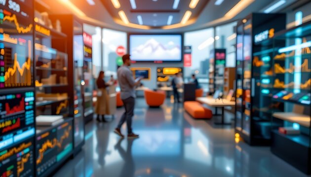 a modern trading floor filled with various digital screens displaying stock market data, surrounded by individuals engaged in trading activities